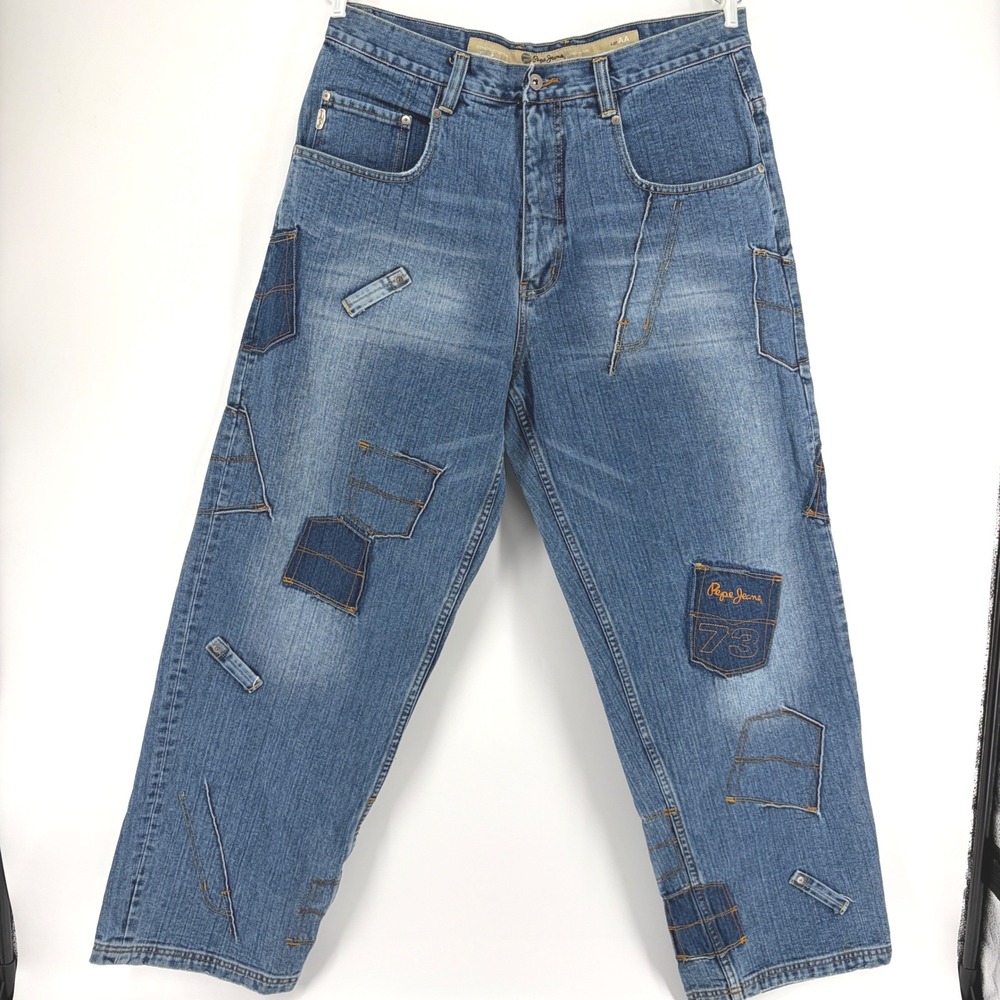 Rare Pepe Jeans London Men 36 Blue Patchwork Baggy Y2K Streetwear Denim Wide Vtg